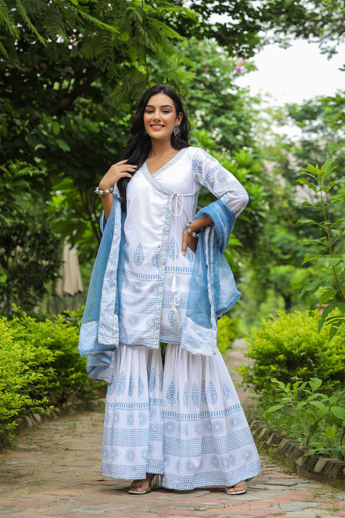 <img> Bluish White Cotton Printed Sharara Set