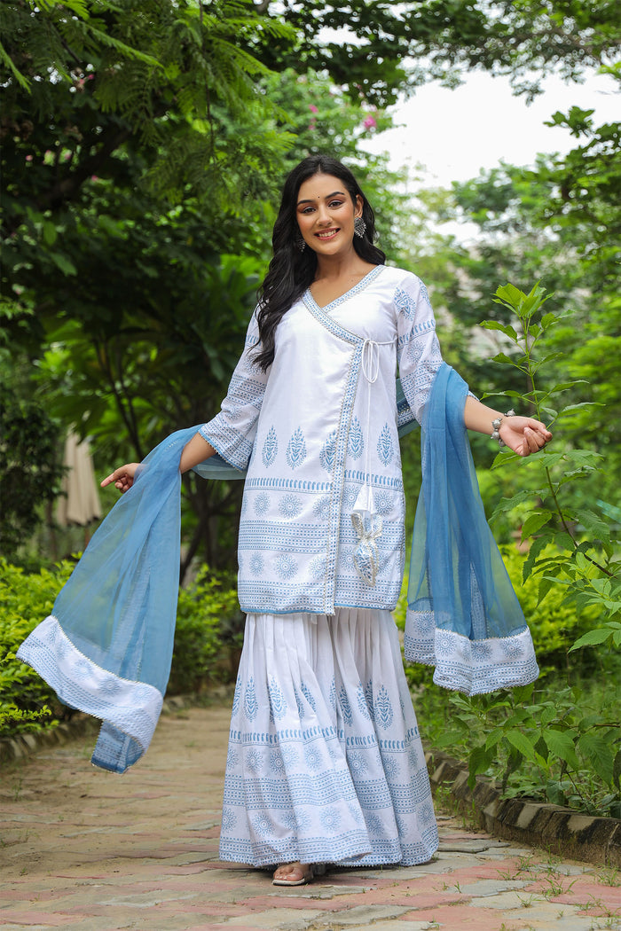 <img> Bluish White Cotton Printed Sharara Set
