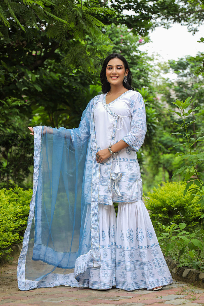 <img> Bluish White Cotton Printed Sharara Set