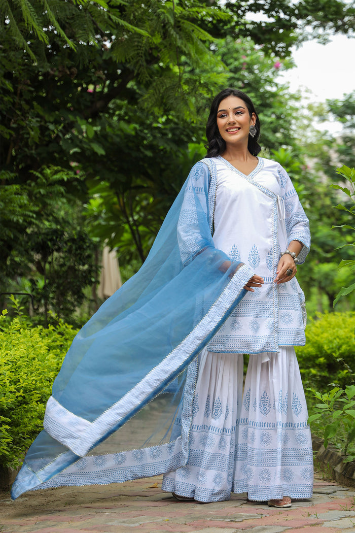 <img> Bluish White Cotton Printed Sharara Set