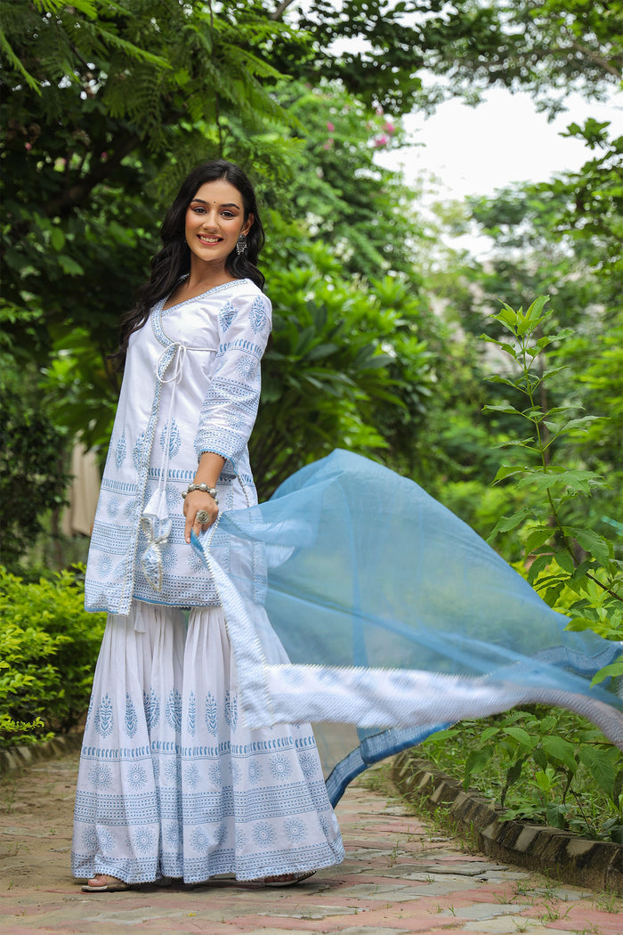 <img> Bluish White Cotton Printed Sharara Set