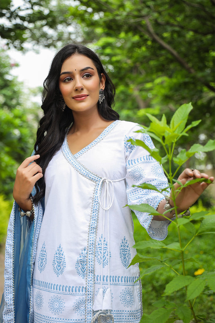 <img> Bluish White Cotton Printed Sharara Set