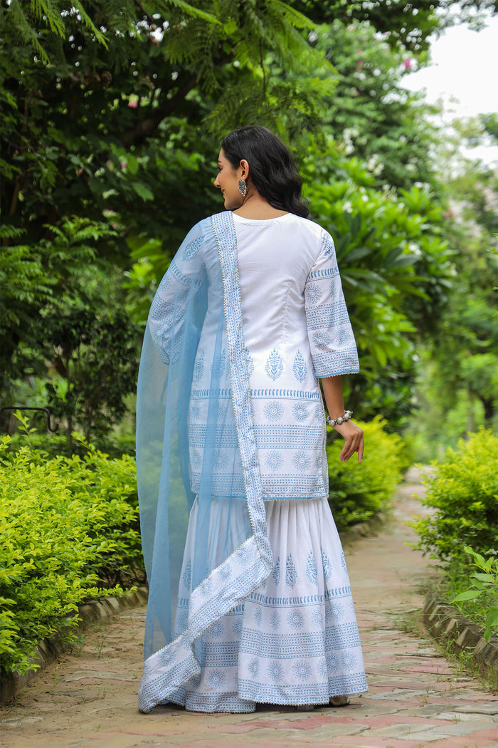 <img> Bluish White Cotton Printed Sharara Set