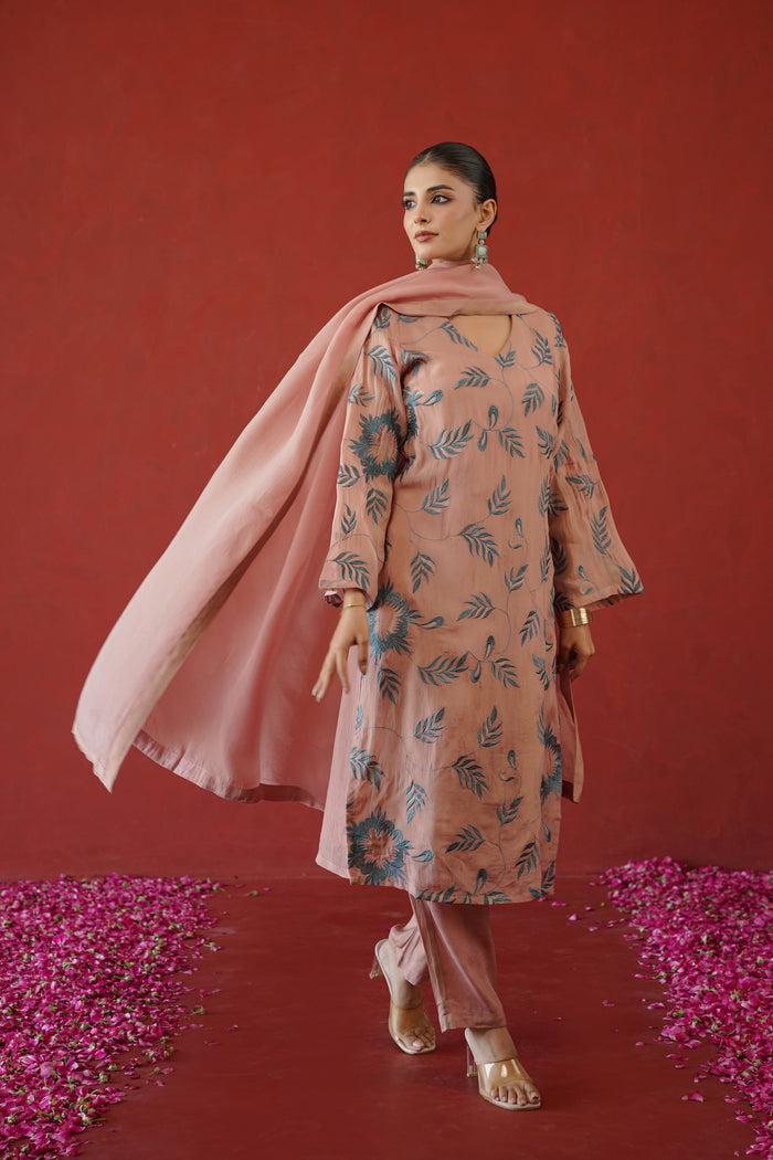 Blush Leaf Trail Embroidered Kurti