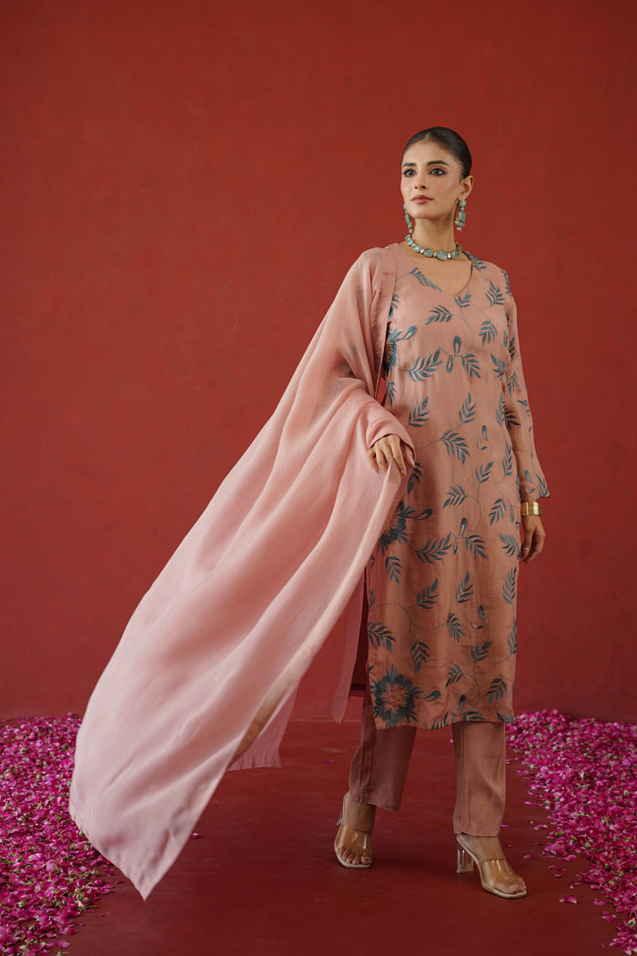 Blush Leaf Trail Embroidered Kurti