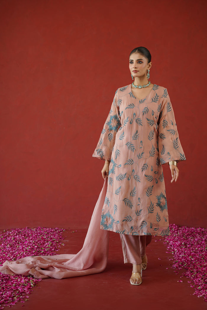 Blush Leaf Trail Embroidered Kurti