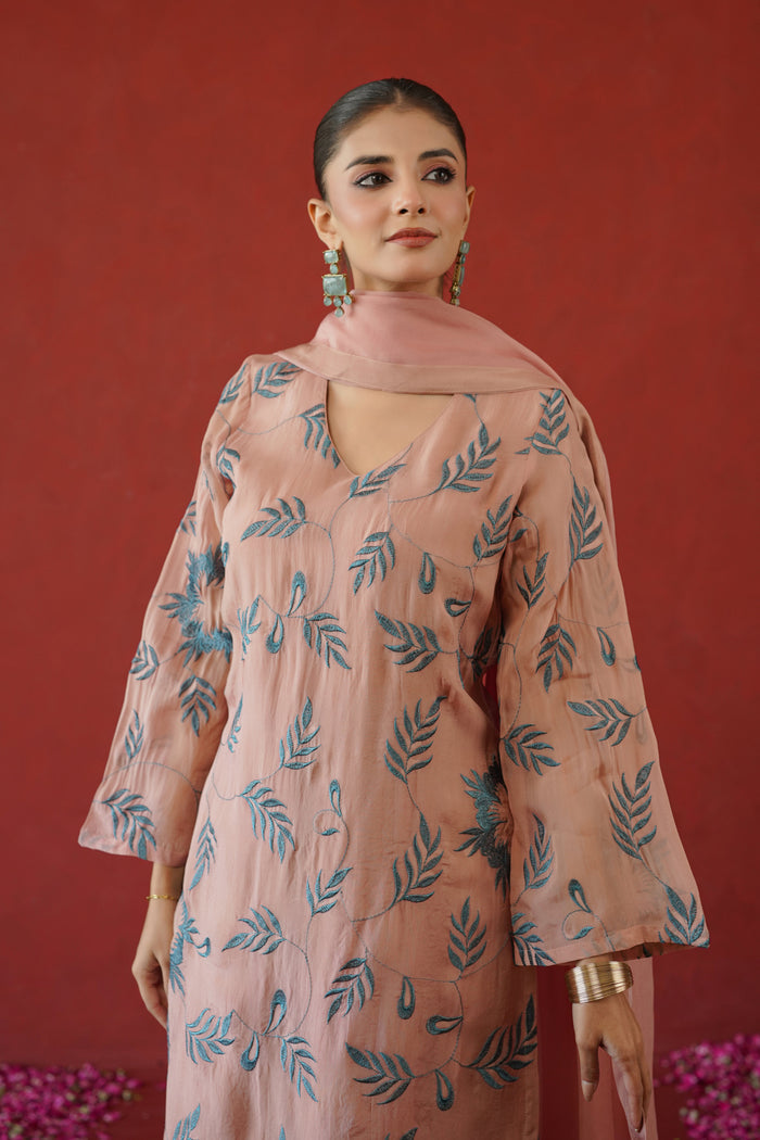 Blush Leaf Trail Embroidered Kurti