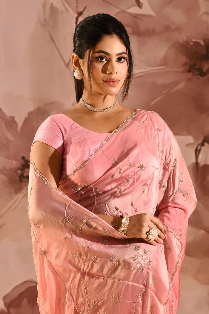 Blush Petal Floral Jaal Silk Blend Embrodiery Saree
