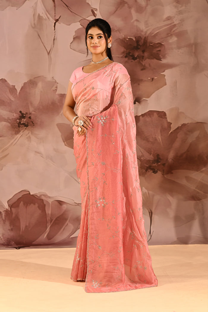 Blush Petal Floral Jaal Silk Blend Embrodiery Saree