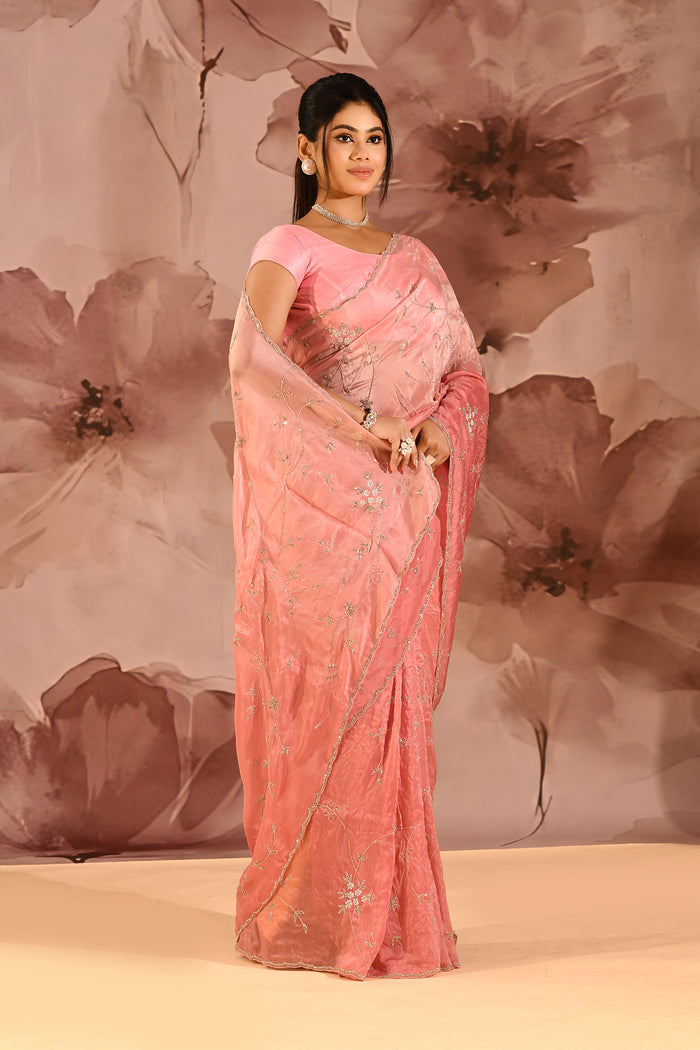 Blush Petal Floral Jaal Silk Blend Embrodiery Saree