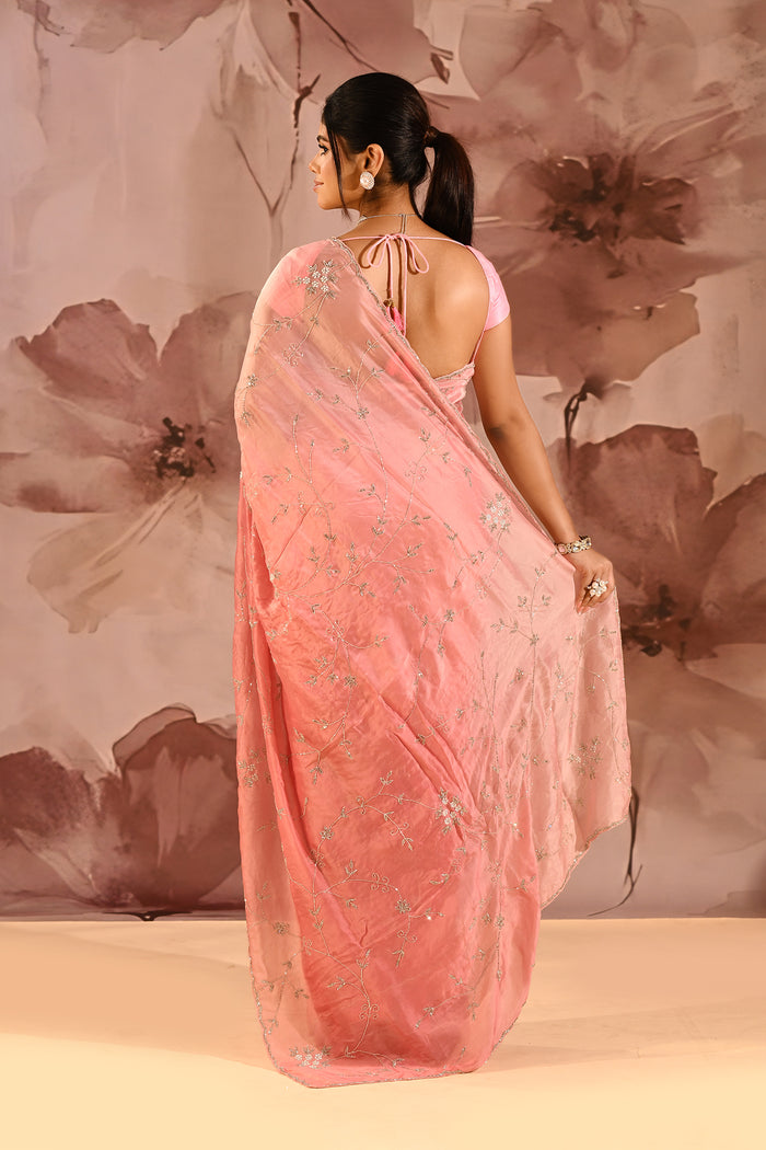 Blush Petal Floral Jaal Silk Blend Embrodiery Saree