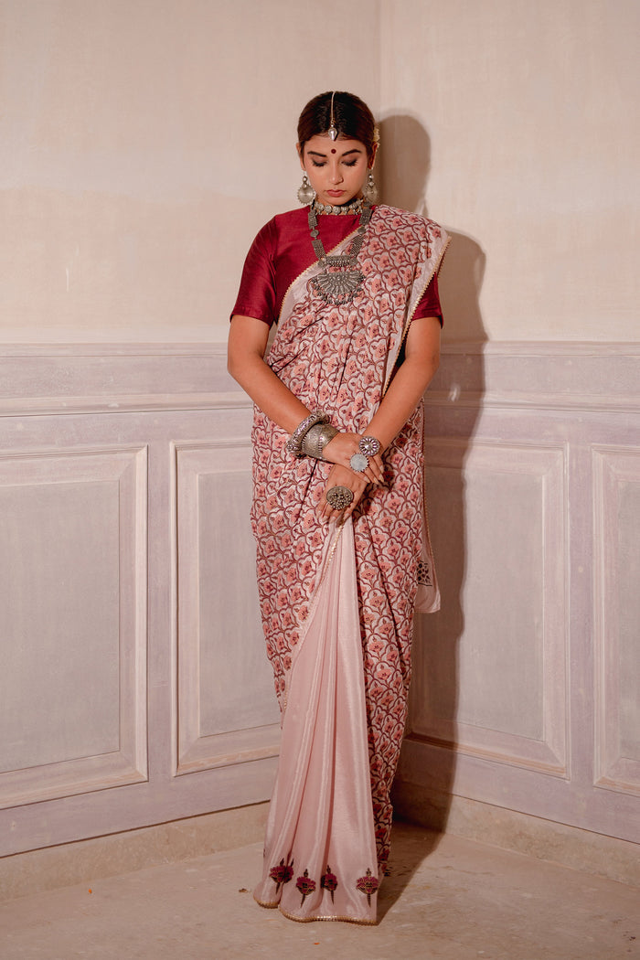 Blush Pink Block Printed Chinon Saree