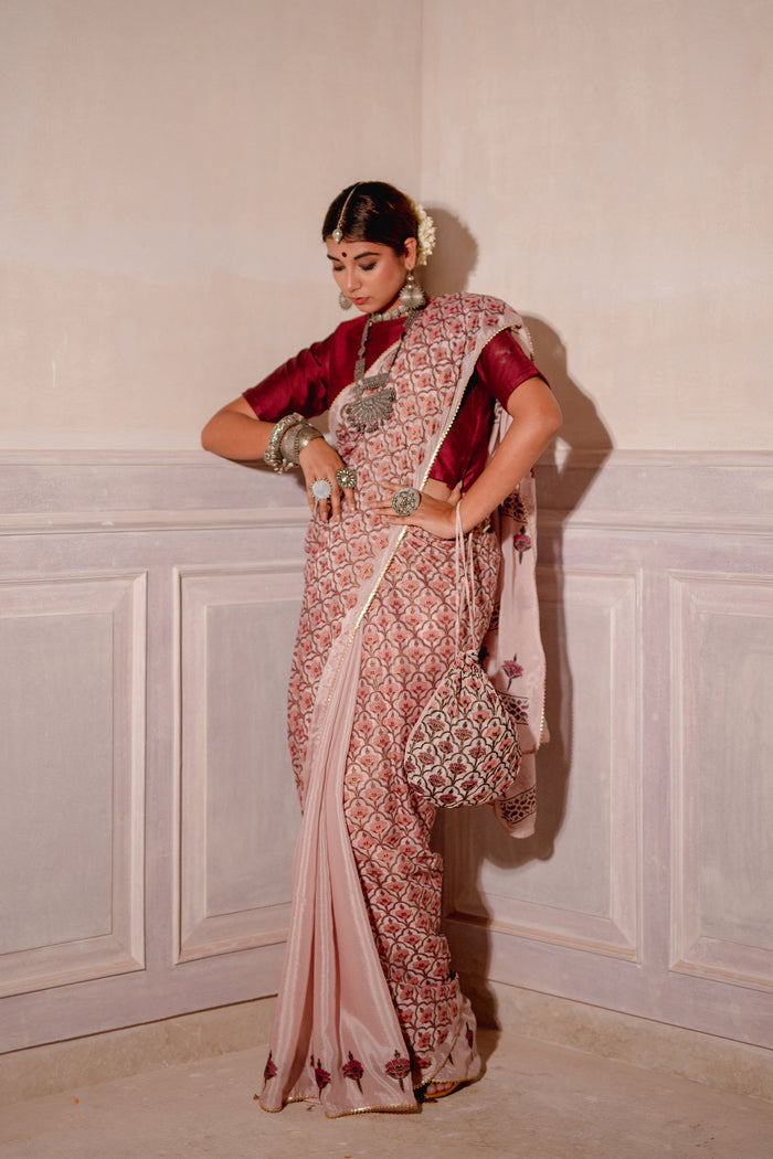 Blush Pink Block Printed Chinon Saree
