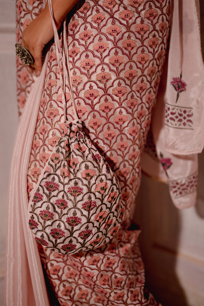 Blush Pink Block Printed Chinon Saree