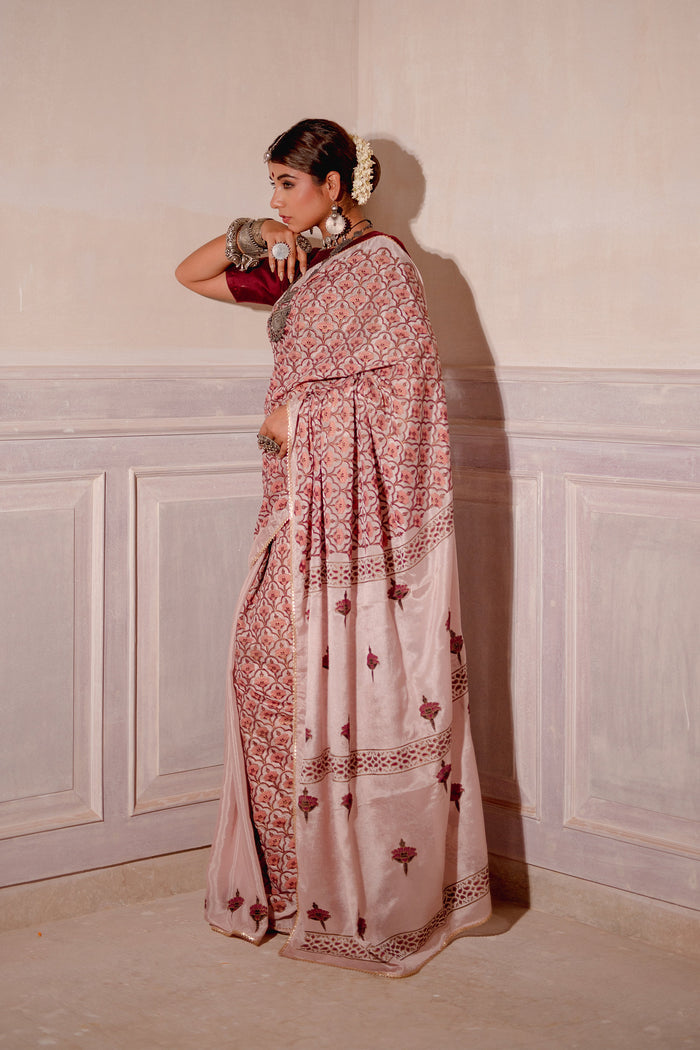 Blush Pink Block Printed Chinon Saree