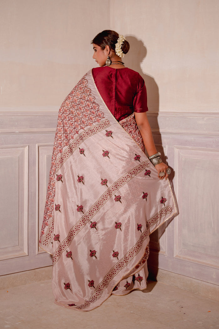 Blush Pink Block Printed Chinon Saree