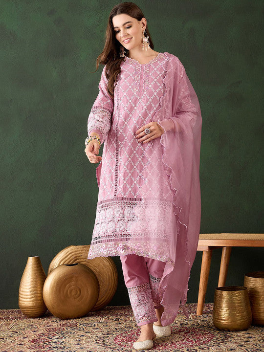 Blush Pink Cotton Kurti With Sequin Diamond Work