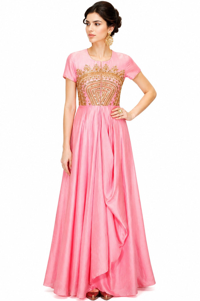 Blush Pink Embroidery Indo Western Satin Long Gown