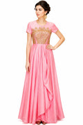 Blush Pink Embroidery Indo Western Satin Long Gown