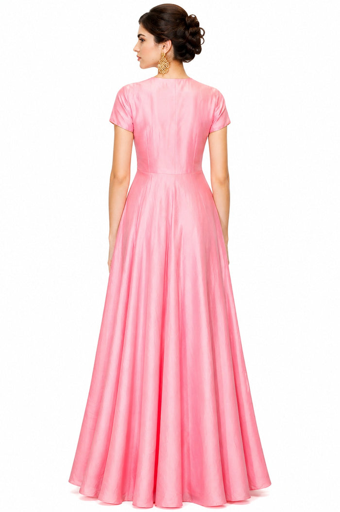Blush Pink Embroidery Indo Western Satin Long Gown
