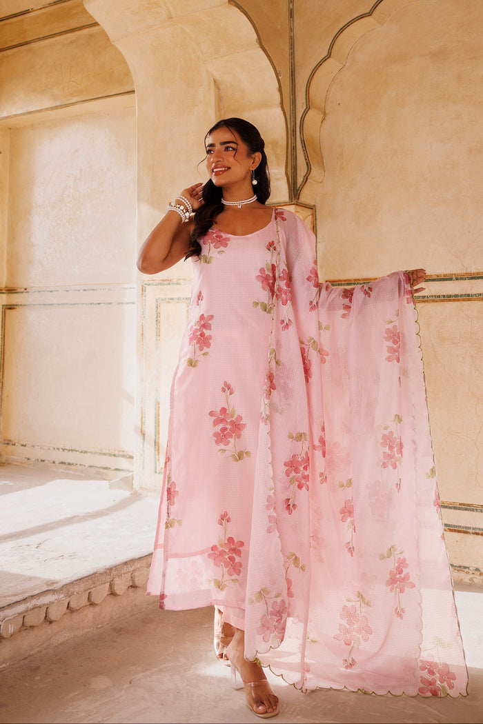 Blush Pink Floral Print Cotton Kaftan Set