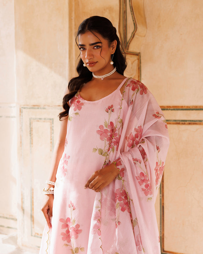 Blush Pink Floral Print Cotton Kaftan Set