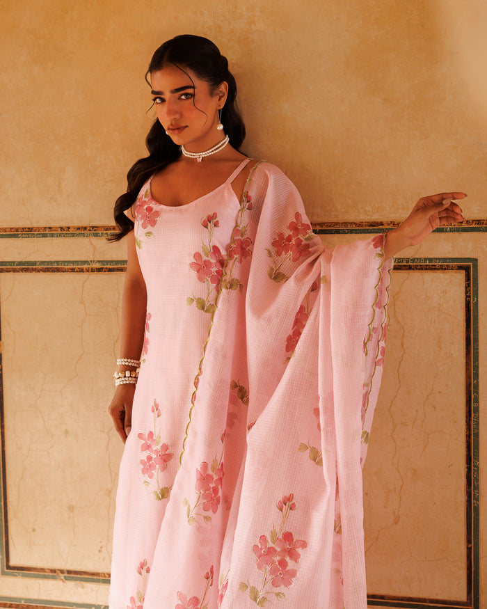 Blush Pink Floral Print Cotton Kaftan Set