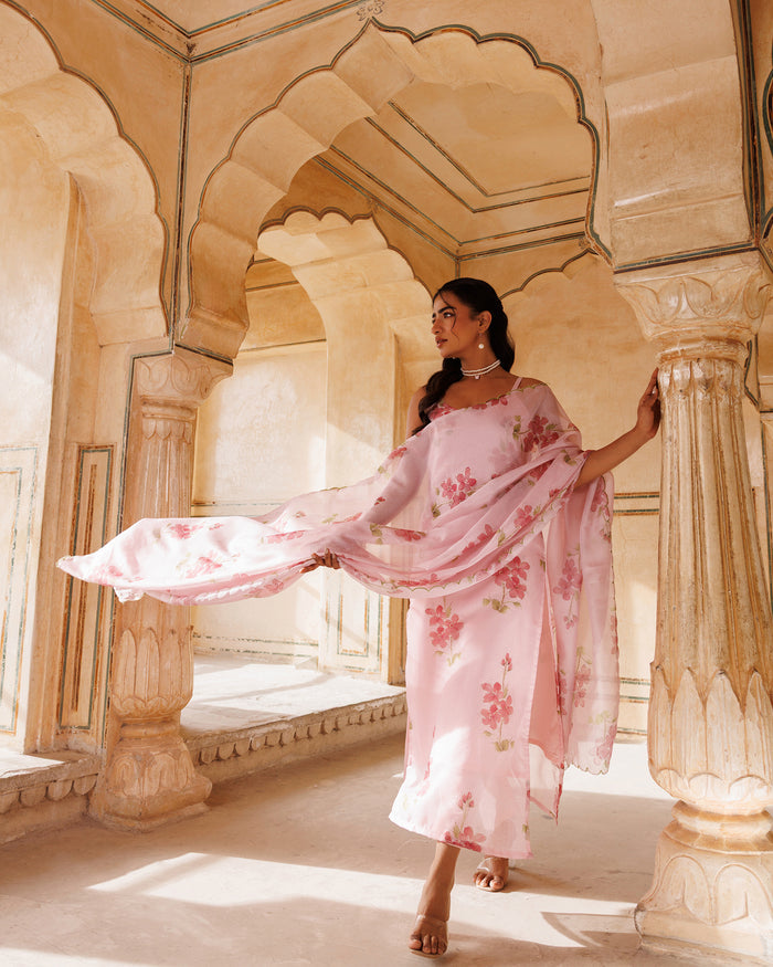 Blush Pink Floral Print Cotton Kaftan Set