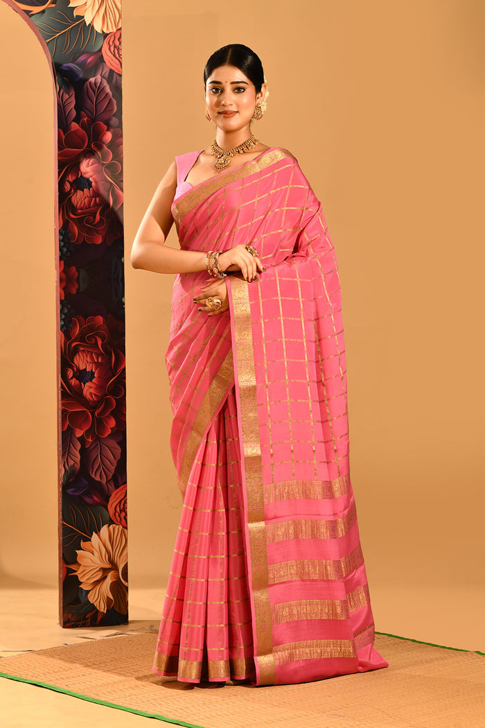 Blush Pink Mysore Crape Saree In Gold Zari Checks