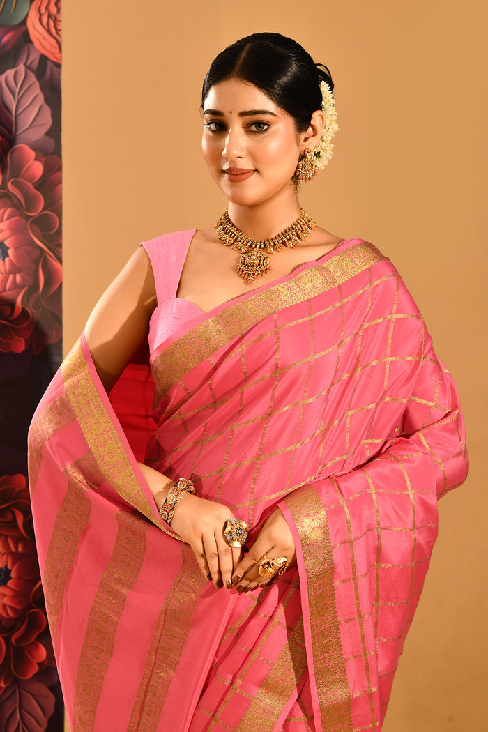 Blush Pink Mysore Crape Saree In Gold Zari Checks