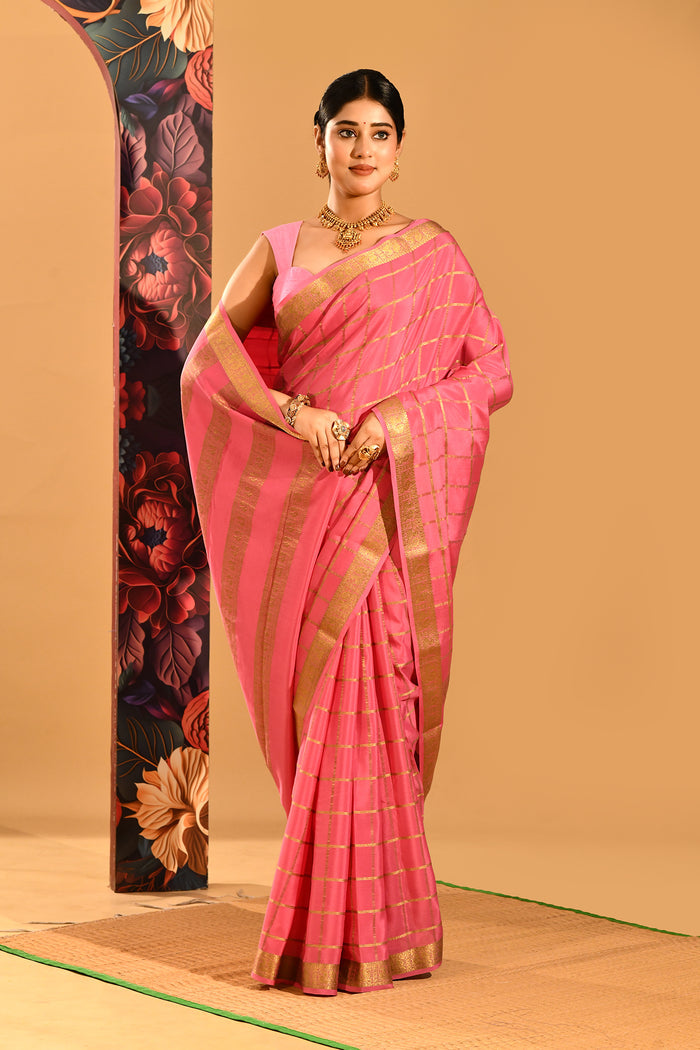 Blush Pink Mysore Crape Saree In Gold Zari Checks