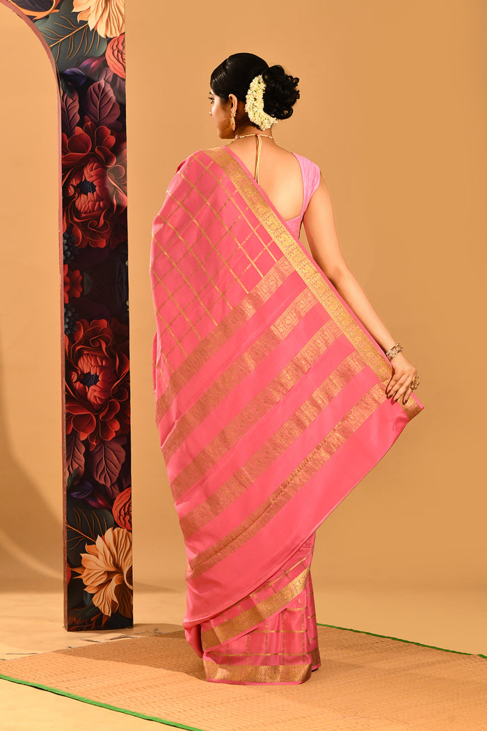 Blush Pink Mysore Crape Saree In Gold Zari Checks