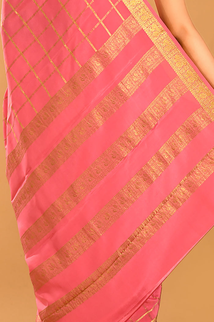 Blush Pink Mysore Crape Saree In Gold Zari Checks