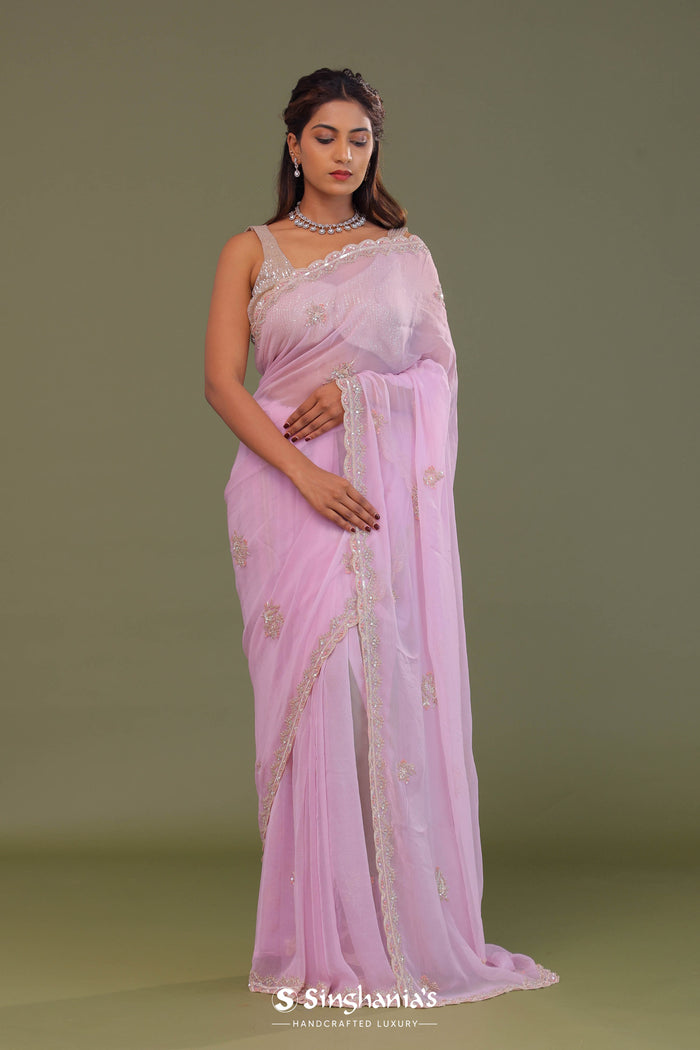 <img>  Blush Pink Organza Embroidry Saree With Scallop Border