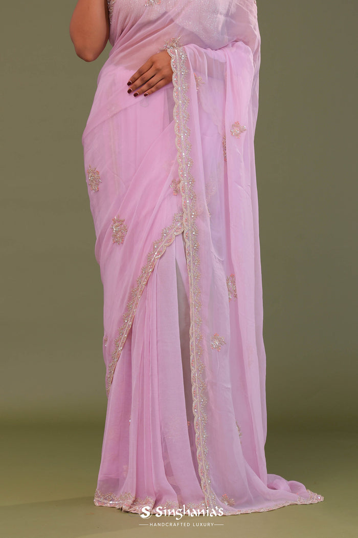 <img>  Blush Pink Organza Embroidry Saree With Scallop Border