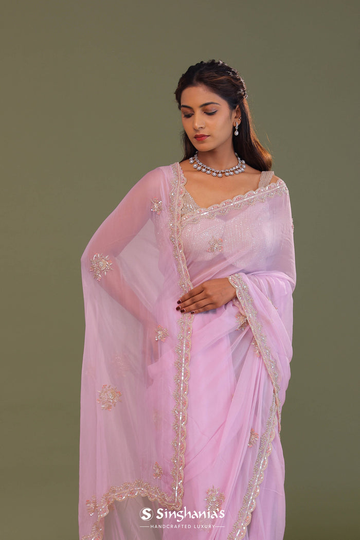 <img>  Blush Pink Organza Embroidry Saree With Scallop Border