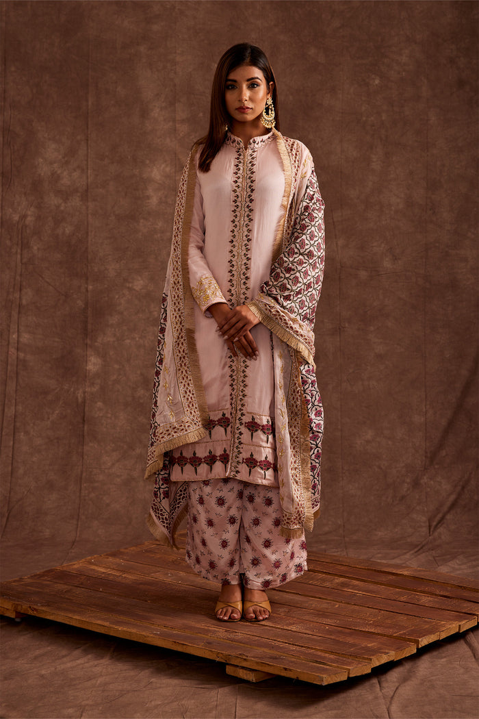 <img> Blush Pink Pure Chinon Peshwari Suit Set