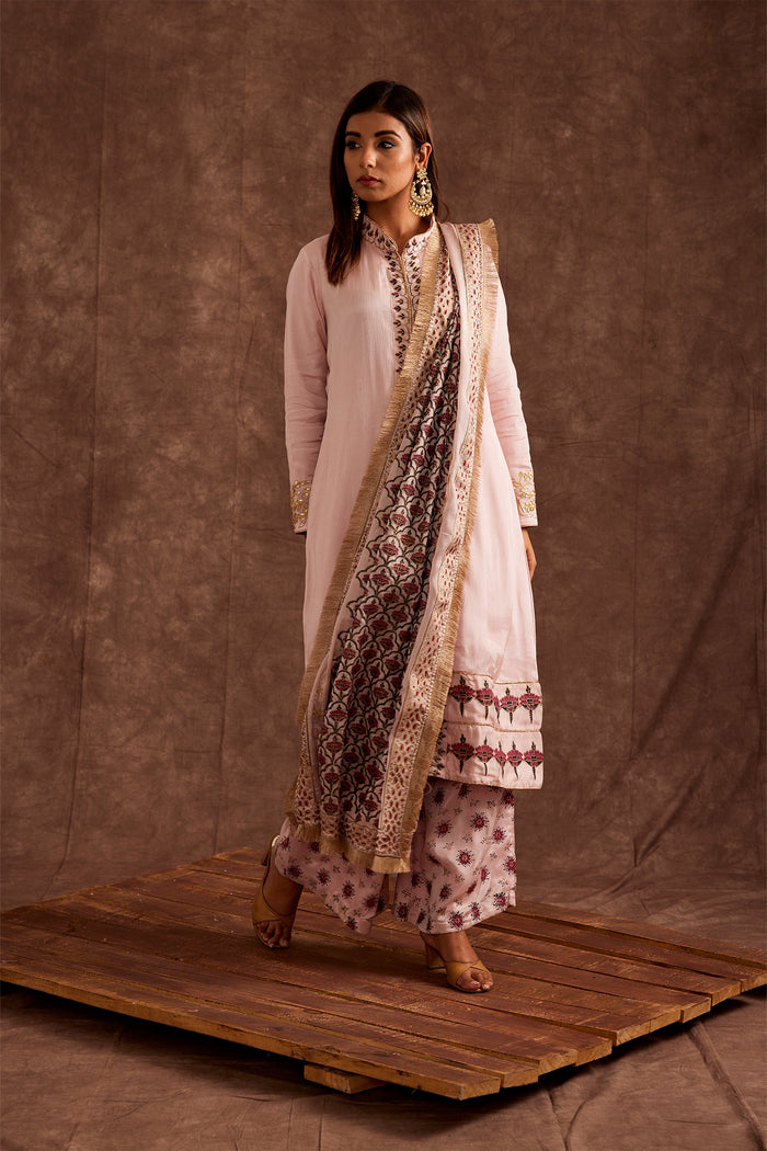 <img> Blush Pink Pure Chinon Peshwari Suit Set