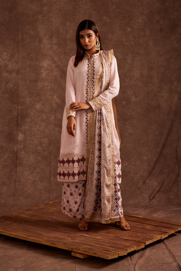 <img> Blush Pink Pure Chinon Peshwari Suit Set