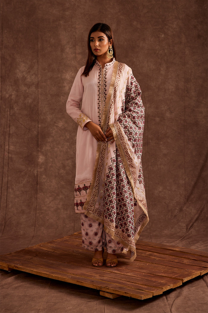 <img> Blush Pink Pure Chinon Peshwari Suit Set