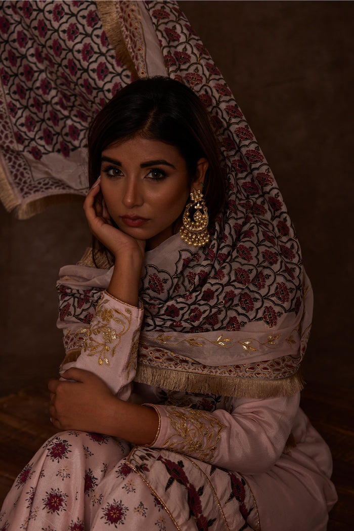 <img> Blush Pink Pure Chinon Peshwari Suit Set