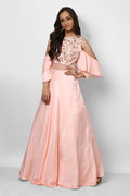 Blush Pink Satin Gown With Cold Shoulder Beaded Sleeves And Sheer Waist Panel