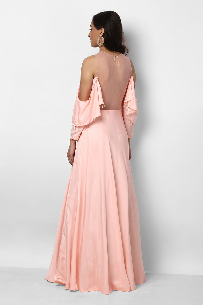 Blush Pink Satin Gown With Cold Shoulder Beaded Sleeves And Sheer Waist Panel