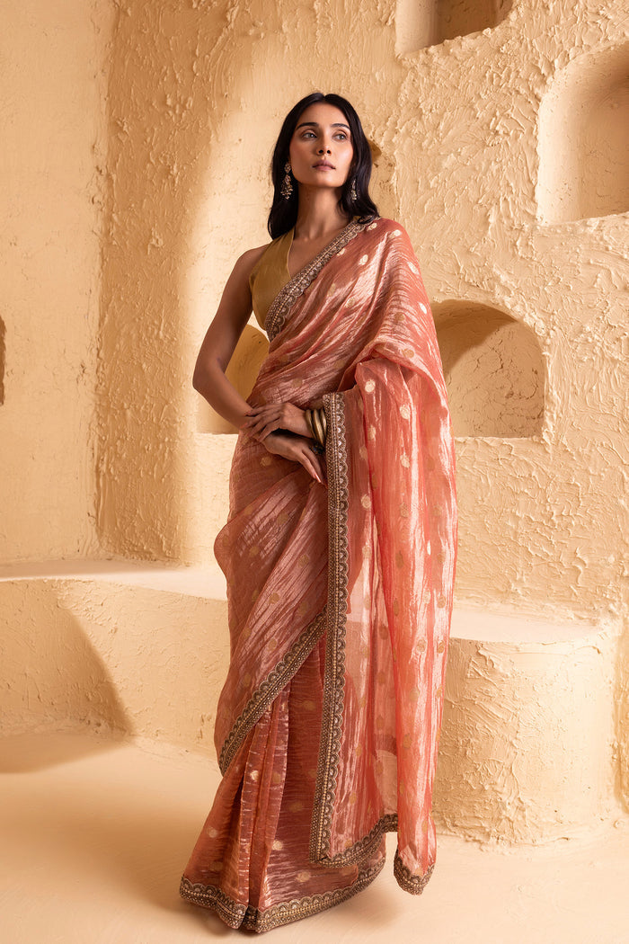 Blush Pink Silk Tissue Saree With Fancy Border