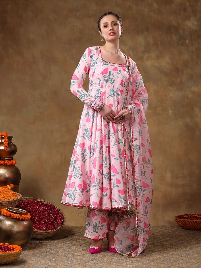Blush Pink Tulip Printed Georgette Anarkali Set With Gold Fringe