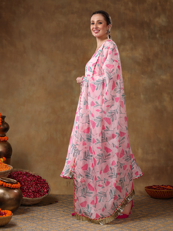Blush Pink Tulip Printed Georgette Anarkali Set With Gold Fringe