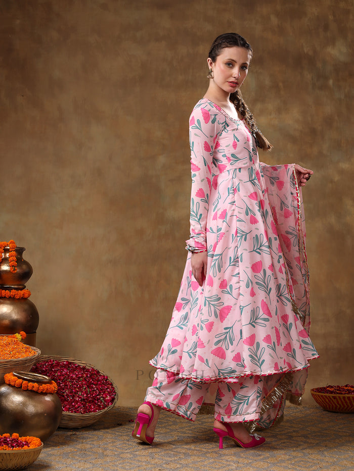 Blush Pink Tulip Printed Georgette Anarkali Set With Gold Fringe