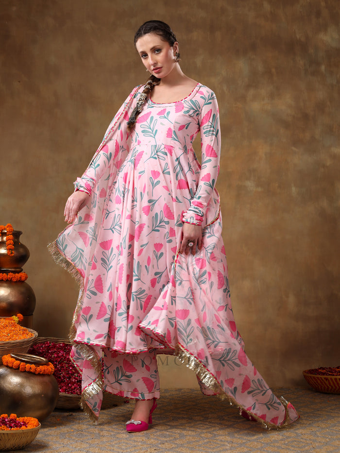 Blush Pink Tulip Printed Georgette Anarkali Set With Gold Fringe