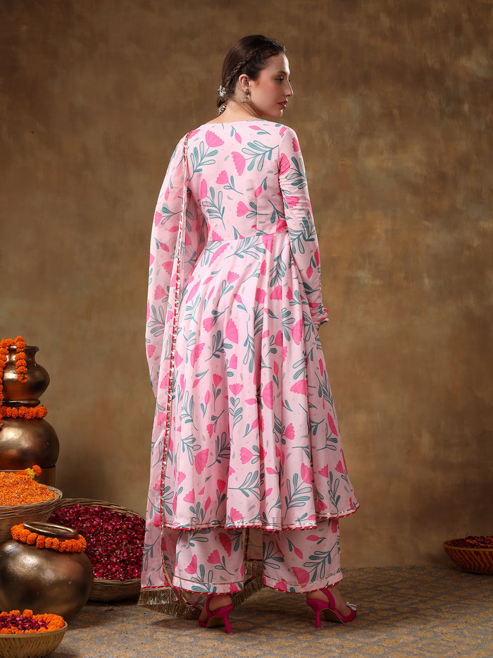 Blush Pink Tulip Printed Georgette Anarkali Set With Gold Fringe