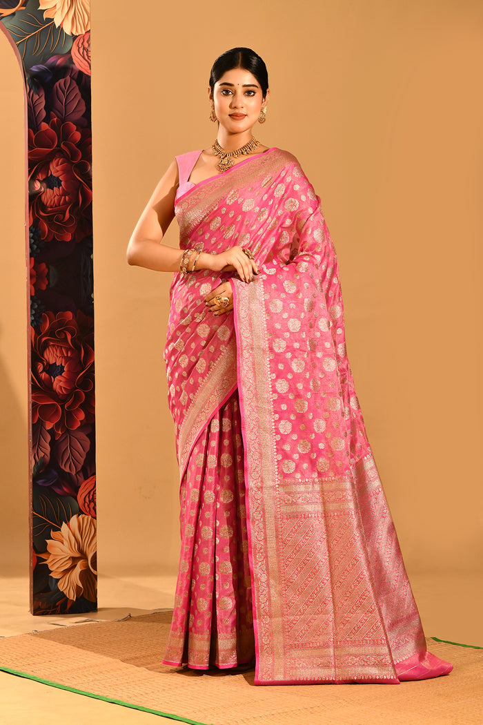 Blush Pink With Glod Zari Floral Butti In Banarasi Silk Saree